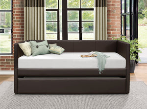 English Elm Brown Faux Leather Daybed with Underbed Trundle, Contemporary Wood Frame, Space-Saving Guest Sleep solution B011S01505