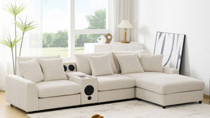 English Elm [video]112*64'' Corduroy L-shaped Sectional Cloud Sofa with Bluetooth Console Ottoman Living Room N723S1756A
