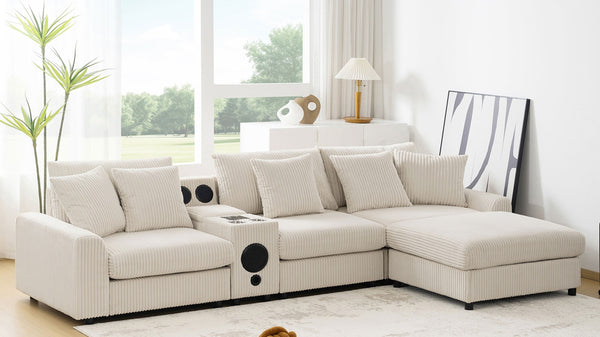 English Elm [video]112*64'' Corduroy L-shaped Sectional Cloud Sofa with Bluetooth Console Ottoman Living Room N723S1756A