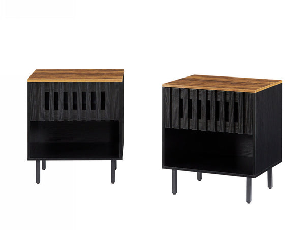 English Elm 2 Set Nightstands with Grille Striped Doors Modern Mid-Century Bedside Tables Black MDF Metal Legs, Storage W578P193301