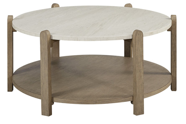 English Elm Stone Top Cocktail Table with Natural Stone Surface and Toffee Wood Base, Sturdy Legs, Shelf Taupe+Natural 43 L x 42.75 W x 7 H B2699P323080