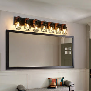 English Elm Industrial Vintage 7-Light Wall Sconce Black Cage with Walnut Wood Accents Hardwired E26 Fixture Ideal for Bathroom Hallway Vanity Lighting W2312P374841