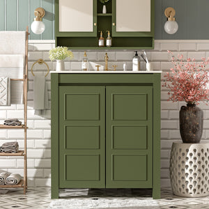 English Elm 30'' 30'' Farmhouse Bathroom Vanity Olive Green with Ceramic Sink, Adjustable Shelves, Soft-Close Doors, Rustic Wood Frame N729P290712F