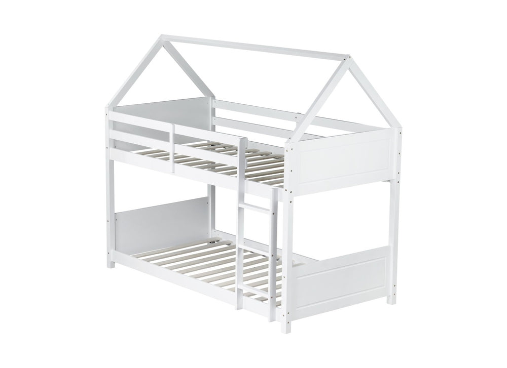 English Elm Twin Over Twin House Bunk Bed With Guardrails, Ladder & Cozy Floor Bed - White Rubberwood Design W504P227938-GIGA