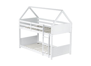 English Elm Twin Over Twin House Bunk Bed With Guardrails, Ladder & Cozy Floor Bed - White Rubberwood Design W504P227938-GIGA