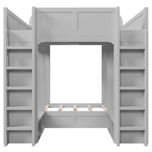 English Elm Triple Bunk Bed Wood Frame with Built in Shelves Hooks for Shared Kids Rooms Gray N7090004027E