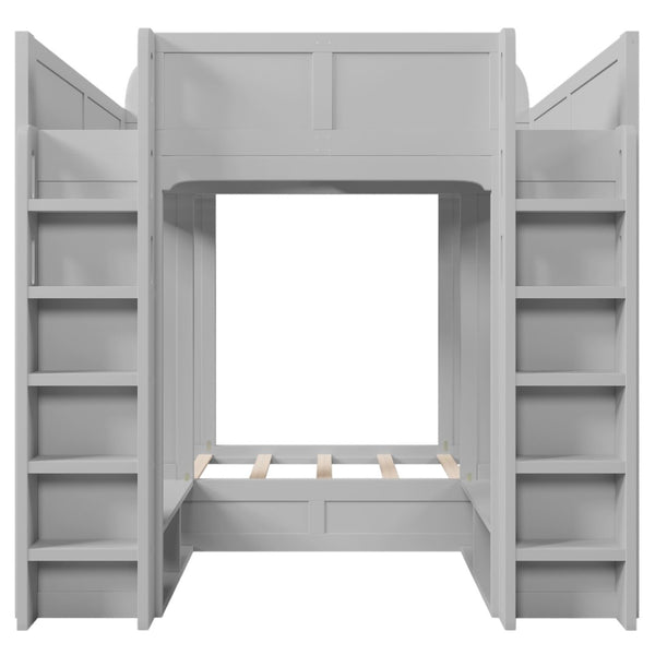 English Elm Triple Bunk Bed Wood Frame with Built in Shelves Hooks for Shared Kids Rooms Gray N7090004027E