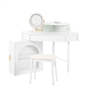 English Elm Corner Makeup Vanity Desk with 360° Rotating LED Mirror, Adjustable Brightness, L-Shaped Corner Design and Pull-Out Storage for Small Spaces White N844P263663A