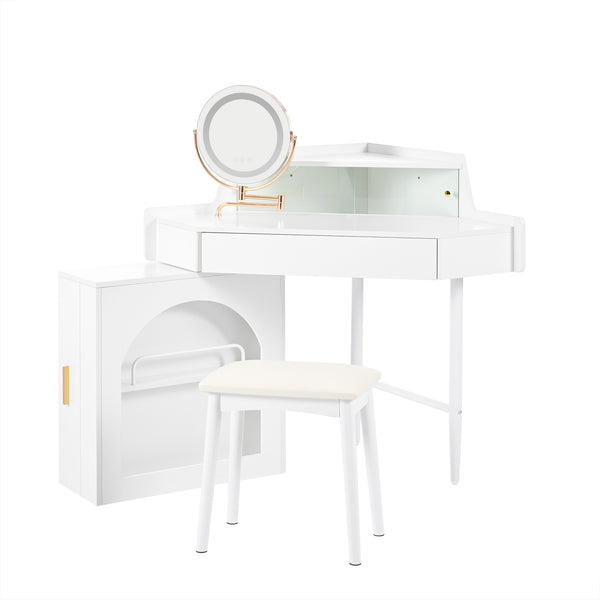 English Elm Corner Makeup Vanity Desk with 360° Rotating LED Mirror, Adjustable Brightness, L-Shaped Corner Design and Pull-Out Storage for Small Spaces White N844P263663A
