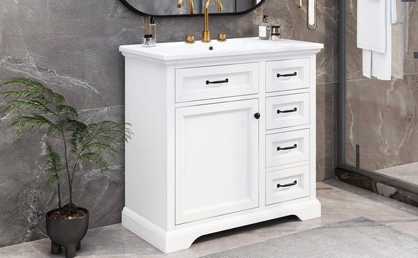 English Elm Christopher Knight Home® - 36" Bathroom Vanity with Ceramic Sink, Soft-Close Doors, 4 Drawers & Ample Storage, Freestanding White N759P223021K