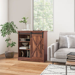 English Elm Homcom Rustic Farmhouse Coffee Bar Cabinet With Sliding Barn Door & Adjustable Shelves For Storage W2225P217401