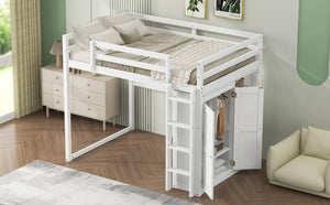 English Elm Wood Full Size Loft Bed with Built-in Wardrobe, 4-Tier Storage Shelves, LED Light, Pine MDF Durable White GX000463AAK