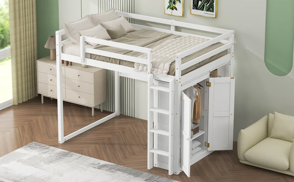 English Elm Wood Full Size Loft Bed with Built-in Wardrobe, 4-Tier Storage Shelves, LED Light, Pine MDF Durable White GX000463AAK