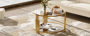 English Elm Modern Glass Coffee Table 31.5" – Asymmetrical Gold Metal Drum Base, Tempered Clear Top & Lower Shelf N735P177478K