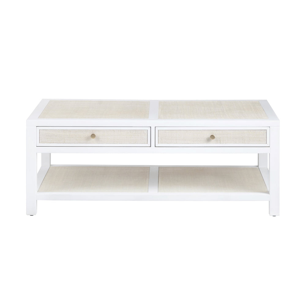 Crestview Collection Coastal Cocktail Table With Storage | Durable Mindi Wood & Woven Raffia | Chic Living Room Accent White Solid Wood Cvfdr1150