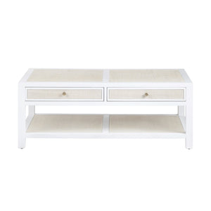 Crestview Collection Coastal Cocktail Table With Storage | Durable Mindi Wood & Woven Raffia | Chic Living Room Accent White Solid Wood Cvfdr1150