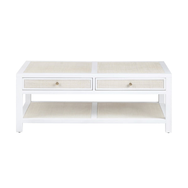 Crestview Collection Coastal Cocktail Table With Storage | Durable Mindi Wood & Woven Raffia | Chic Living Room Accent White Solid Wood Cvfdr1150