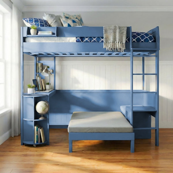 English Elm Full Size Loft Bed with Rotating Desk Led Lighting Sofa and Bookshelf Storage Navy Blue LT000200AAC