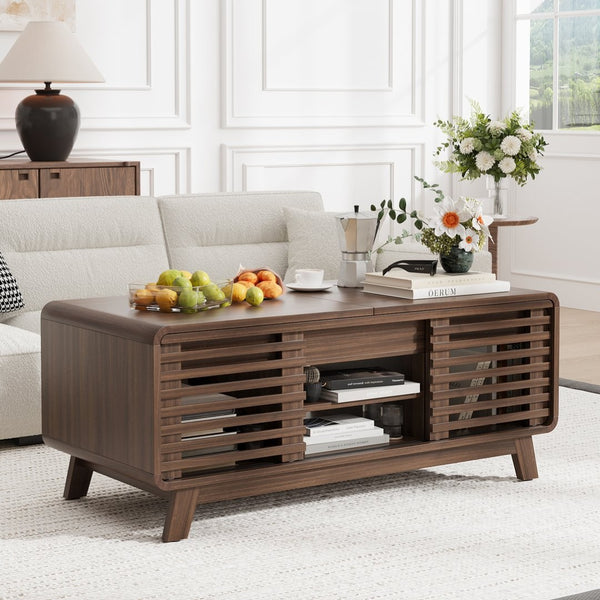 English Elm Coffee Table with Led Lighting Bluetooth Speaker Wireless Charging and Faux Marble Top T3773P419702