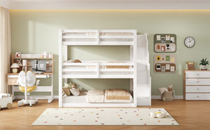 English Elm Full Size Triple Bunk Bed Solid Pine Frame with Storage Staircase Separate Convertible Design White N7090000477K