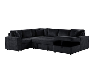 English Elm Ruxley Corduroy Sleeper Sectional Sofa with Right-Facing Storage Chaise and Plush Throw Pillows for Spacious Comfort and Easy Guest Conversion Black B061S00906