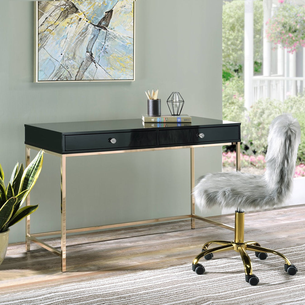 English Elm Black Black High Gloss and Gold Two-Drawer Writing Desk with Sleek Gold Legs, Ample Storage, Modern Elegance B062P184559