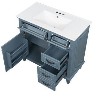 English Elm 36 Inch Bathroom Vanity With Ceramic Sink, Adjustable Shelf, Stylish Storage, Modern Blue Finish N725P336554C