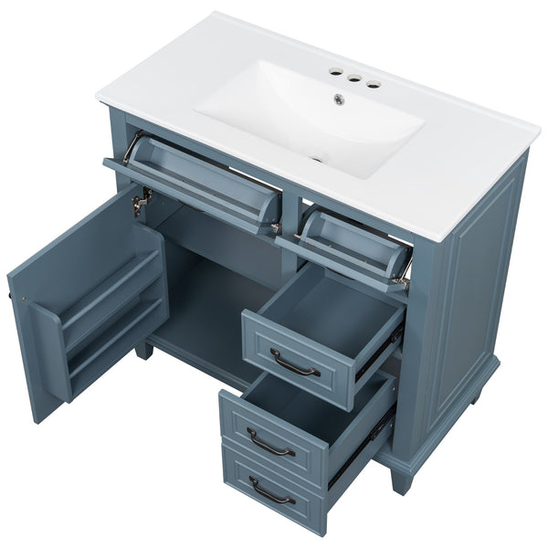 English Elm 36 Inch Bathroom Vanity With Ceramic Sink, Adjustable Shelf, Stylish Storage, Modern Blue Finish N725P336554C