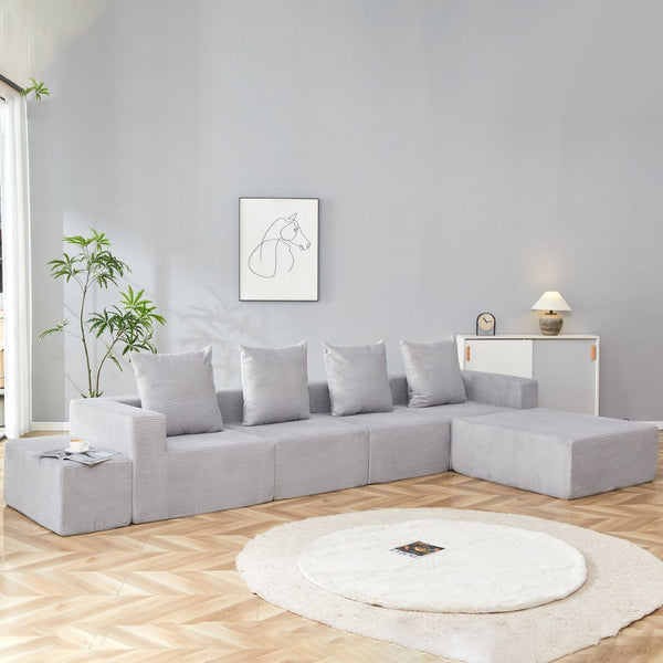 English Elm L-shaped Modular Sectional with Ottoman Corduroy Upholstery Four Seat Living Room Sofa Gray W2699S00082