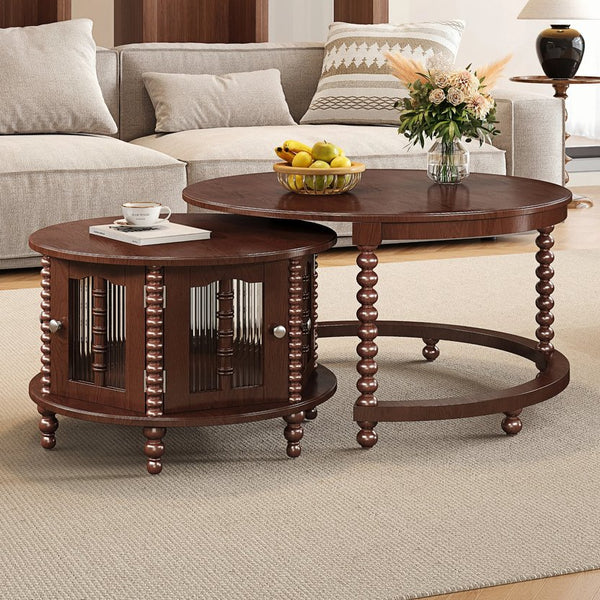 English Elm Vintage Walnut Nesting Coffee Table with Bamboo-Style Glass Doors, Retro Beaded Legs, Space-Saving Design N735P305623D