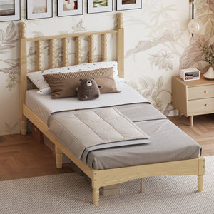English Elm Twin Rubberwood Platform Bed Gourd Headboard Retro Bohemian Bedroom Slat Base Natural N733P427029M