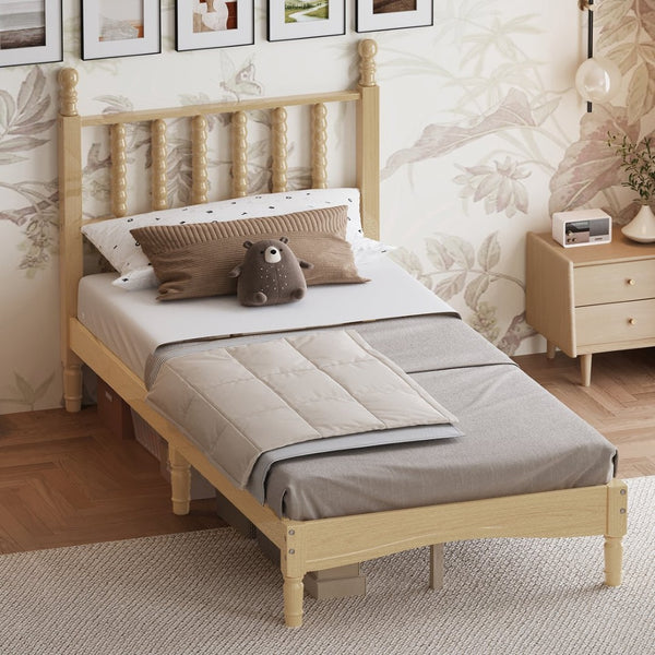 English Elm Twin Rubberwood Platform Bed Gourd Headboard Retro Bohemian Bedroom Slat Base Natural N733P427029M