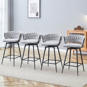 English Elm A set of four rotating bar stools with breathable cotton-linen cushions, 360° swivel, durable metal frame, retro flair Antique grey white W2920S00060