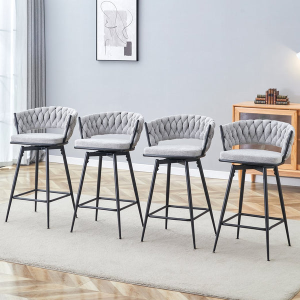 English Elm A set of four rotating bar stools with breathable cotton-linen cushions, 360° swivel, durable metal frame, retro flair Antique grey white W2920S00060