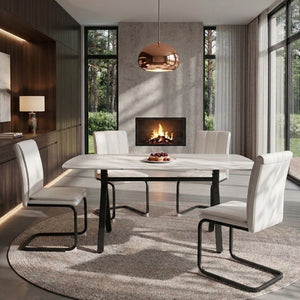 English Elm Modern-style Marble Glass Dining Table Seats Six with Sleek Black Metal Legs W5123P397512