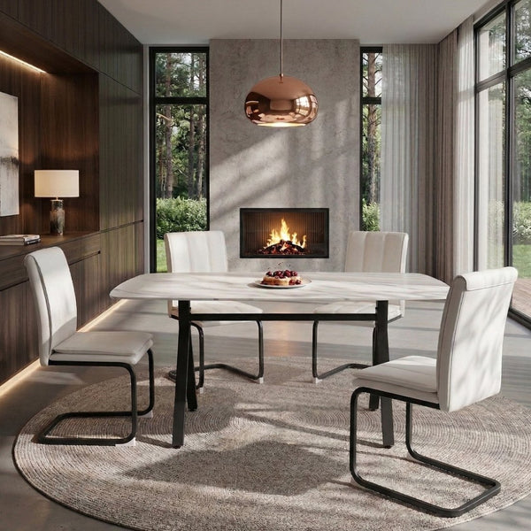 English Elm Modern-style Marble Glass Dining Table Seats Six with Sleek Black Metal Legs W5123P397512