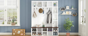 English Elm Farmhouse Hall Tree with Triple Arch Back Panel Eight Hooks Drawers and Entryway Bench N721S000044K-1