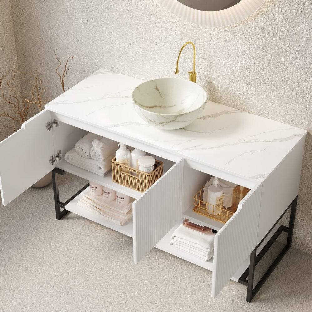 English Elm 48" Freestanding Bathroom Vanity Cabinet Sintered Stone Top Woodgrain Finish Open Shelf W2615S00663