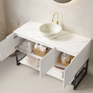 English Elm 48" Freestanding Bathroom Vanity Cabinet Sintered Stone Top Woodgrain Finish Open Shelf W2615S00663