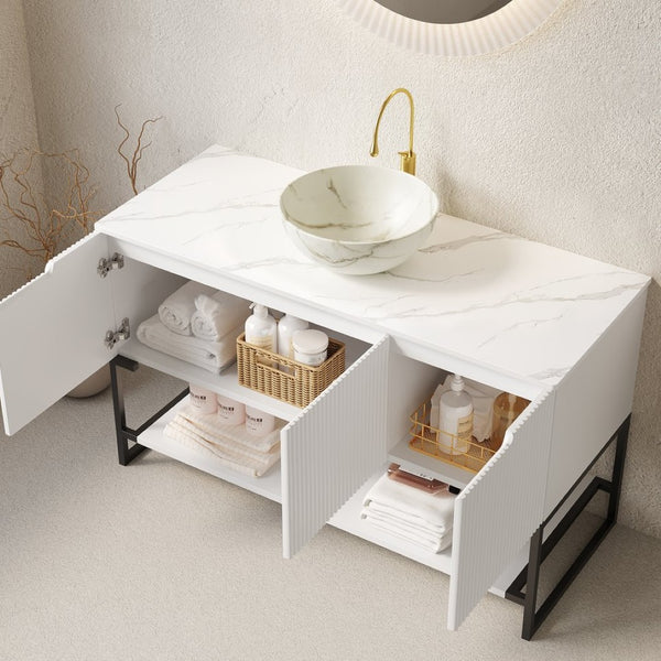 English Elm 48" Freestanding Bathroom Vanity Cabinet Sintered Stone Top Woodgrain Finish Open Shelf W2615S00663