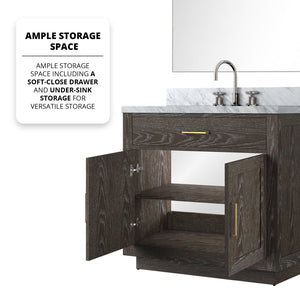 English Elm Brown Oak Single Bath Vanity Set With Carrara Marble Top, Chrome Faucet & 34" Frameless Mirror Included B2731S01952