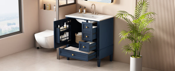 English Elm 30 30 Inch Bathroom Vanity with Ceramic Sink, Modern Compact 3-Drawer Storage Cabinet for Small Baths Blue N710P247499C