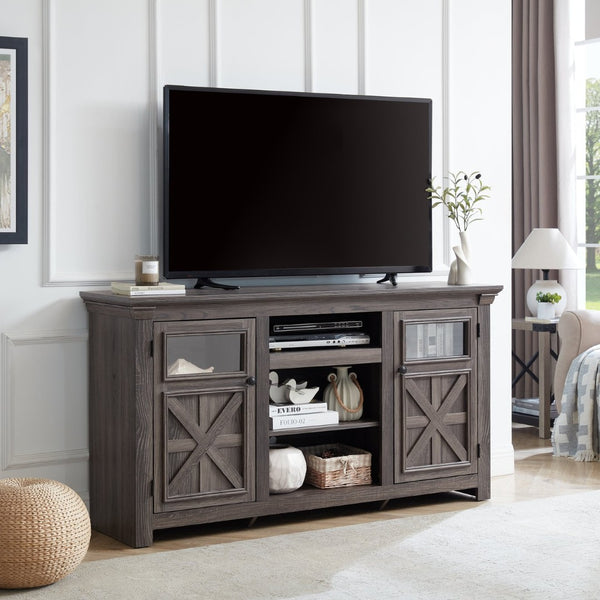 English Elm 2 Door Farmhouse Tv Stand with Barn Style Panels and Open Shelving for Living Room W1758P199935