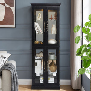 English Elm Elegant Curio Cabinet with Tempered Glass Doors, LED Lighting, Mirrored Back, Adjustable Shelves, Anti-Tip Safety Black W1758P297547