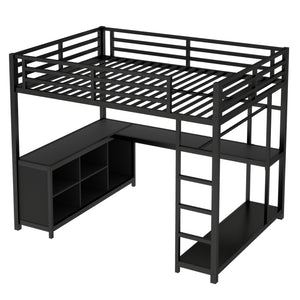 English Elm Metal Loft Bed With Integrated Desk, Storage Shelves & Wardrobe – Space-Saving Solution For All Ages W1580S00117