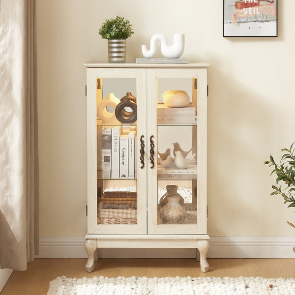 English Elm 2 Doors Curio Cabinet - Elegant Lighted Display With Glass, Mirrored Back, Adjustable Shelves & More! W2275P178894