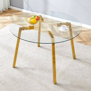 English Elm Modern Round Tempered Glass Dining Table with Gold 7-Shaped Legs, 47.3" Clear Top, Durable Luxury W1151S01881