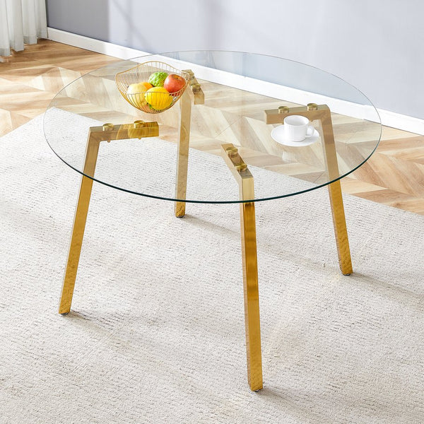English Elm Modern Round Tempered Glass Dining Table with Gold 7-Shaped Legs, 47.3" Clear Top, Durable Luxury W1151S01881