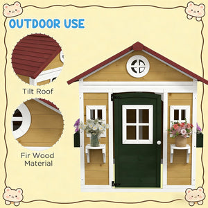 English Elm Toddlers Solid Fir Wood Outdoor Playhouse Cottage with Planter Boxes for Imaginative Play T3971P442836
