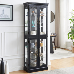 English Elm Elegant Curio Cabinet with Tempered Glass Doors, LED Lighting, Mirrored Back, Adjustable Shelves, Anti-Tip Safety Black W1758P297547